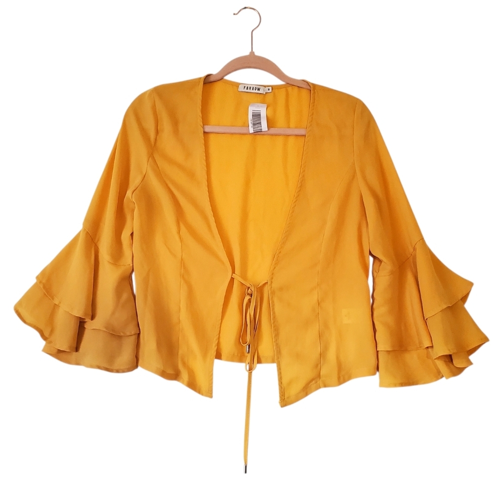 Farrow Golden Silky Open Wrap Blouse Top Flare Ruffle Sleeves Size Medium NWT‎